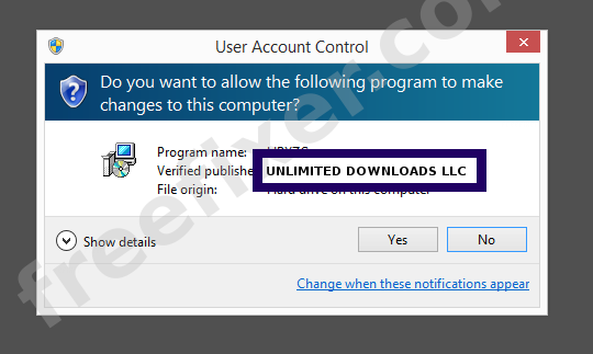 Screenshot where UNLIMITED DOWNLOADS LLC appears as the verified publisher in the UAC dialog